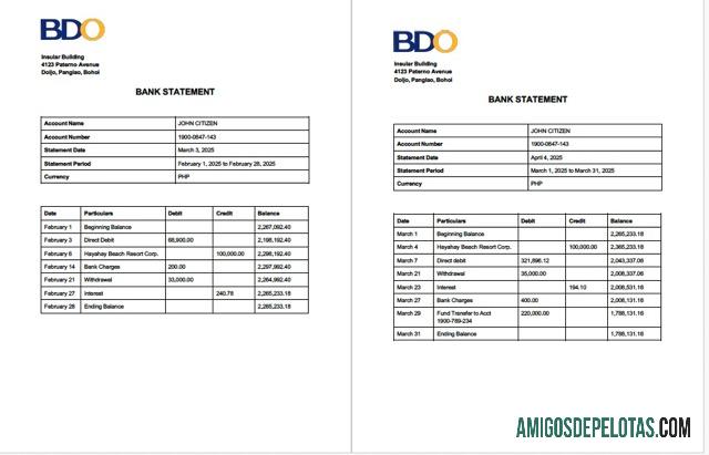Extrato de conta bancária BDO para impressão, modelo Word e PDF, 2 páginas
